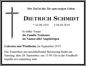 Traueranzeige von Dietrich Schmidt von Ostthüringer Zeitung