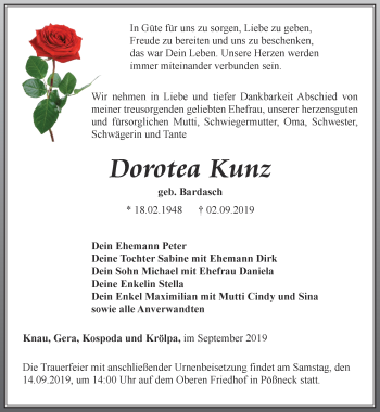 Traueranzeige von Dorotea Kunz Kunz von Ostthüringer Zeitung