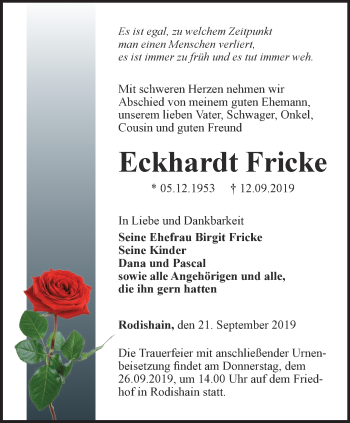 Traueranzeige von Eckhardt Fricke von Thüringer Allgemeine