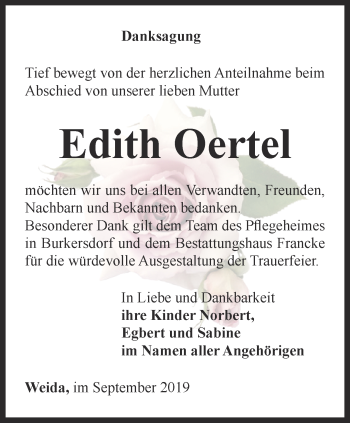 Traueranzeige von Edith Oertel von Ostthüringer Zeitung