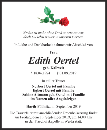 Traueranzeige von Edith Oertel von Ostthüringer Zeitung