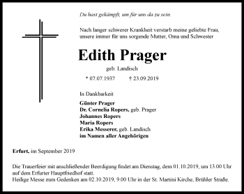 Traueranzeige von Edith Prager von Thüringer Allgemeine, Thüringische Landeszeitung