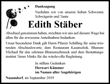 Traueranzeige von Edith Stäber von Thüringer Allgemeine, Thüringische Landeszeitung