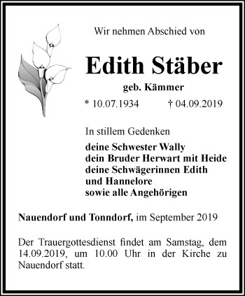 Traueranzeige von Edith Stäber von Thüringer Allgemeine, Thüringische Landeszeitung