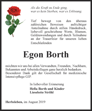 Traueranzeige von Egon Borth von Thüringer Allgemeine, Thüringische Landeszeitung