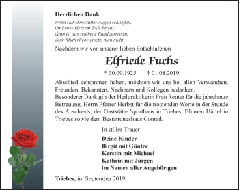 Traueranzeige von Elfriede Fuchs von Ostthüringer Zeitung