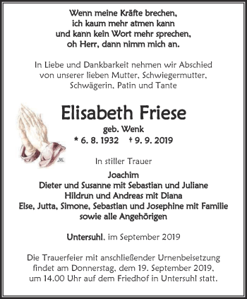 Traueranzeige von Elisabeth Friese von Thüringer Allgemeine, Thüringische Landeszeitung