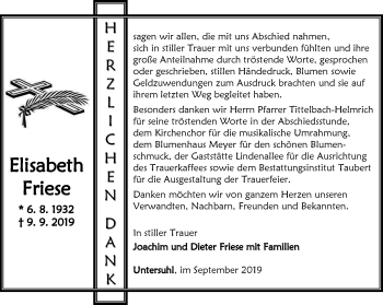 Traueranzeige von Elisabeth Friese von Thüringer Allgemeine, Thüringische Landeszeitung