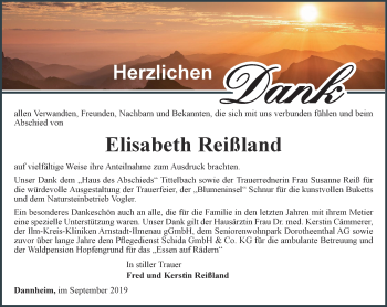 Traueranzeige von Elisabeth Reißland von Thüringer Allgemeine
