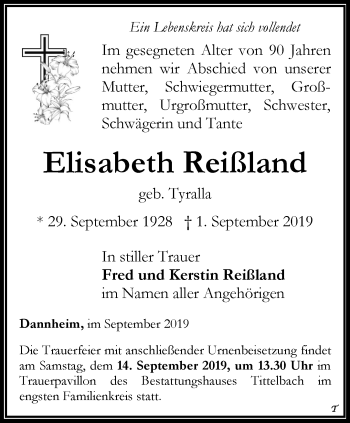 Traueranzeige von Elisabeth Reißland von Thüringer Allgemeine