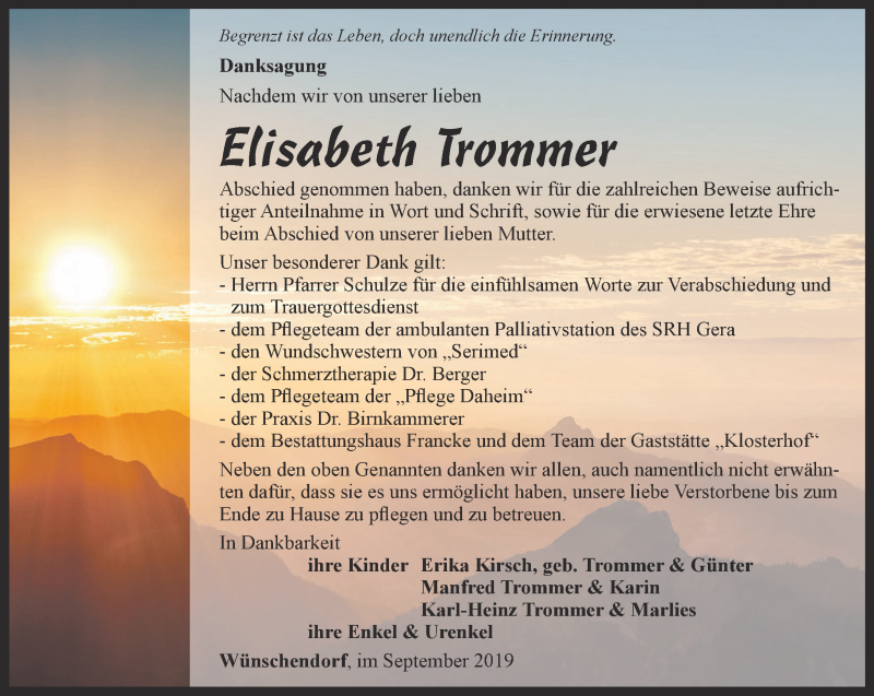  Traueranzeige für Elisabeth Trommer vom 21.09.2019 aus Ostthüringer Zeitung