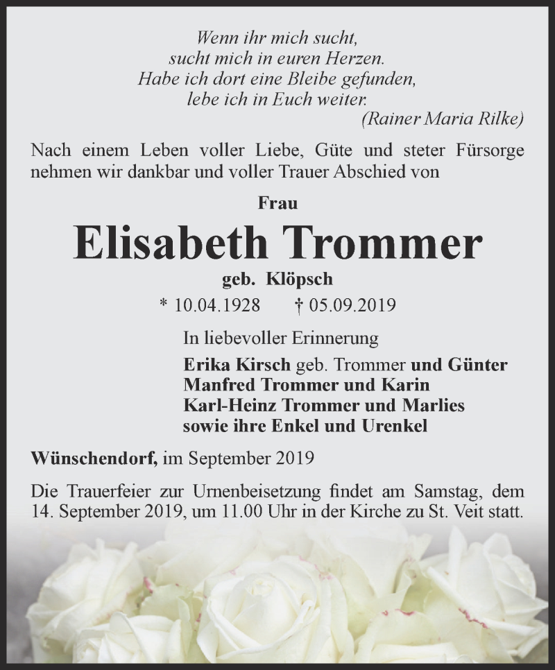  Traueranzeige für Elisabeth Trommer vom 07.09.2019 aus Ostthüringer Zeitung