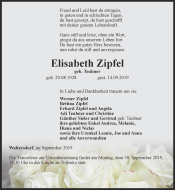 Traueranzeige von Elisabeth Zipfel von Ostthüringer Zeitung