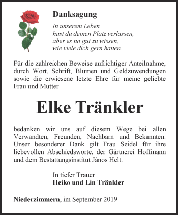 Traueranzeige von Elke Tränkler von Thüringer Allgemeine, Thüringische Landeszeitung