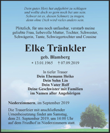 Traueranzeige von Elke Tränkler von Thüringer Allgemeine, Thüringische Landeszeitung