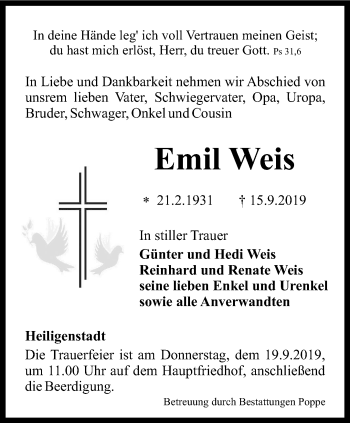 Traueranzeige von Emil Weis von Thüringer Allgemeine