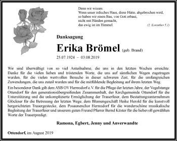 Traueranzeige von Erika Brömel von Ostthüringer Zeitung