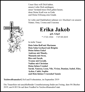 Traueranzeige von Erika Jakob von Ostthüringer Zeitung