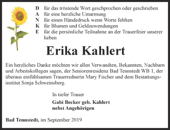 Traueranzeige von Erika Kahlert von Thüringer Allgemeine, Thüringische Landeszeitung