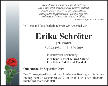Traueranzeige von Erika Schröter von Ostthüringer Zeitung, Thüringische Landeszeitung