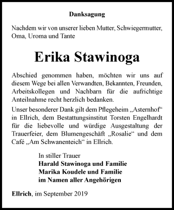 Traueranzeige von Erika Stawinoga von Thüringer Allgemeine