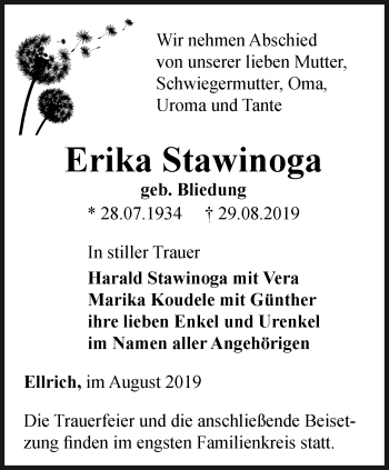 Traueranzeige von Erika Stawinoga von Thüringer Allgemeine