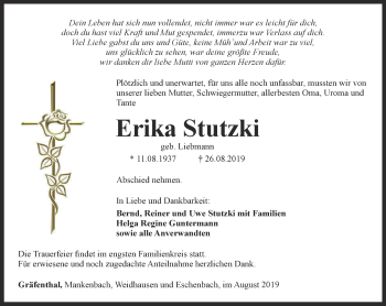 Traueranzeige von Erika Stutzki von Ostthüringer Zeitung