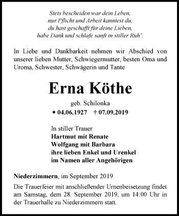 Traueranzeige von Erna Köthe von Thüringer Allgemeine, Thüringische Landeszeitung