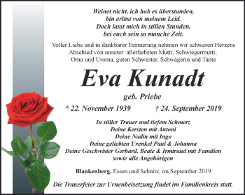 Traueranzeige von Eva Kunadt von Ostthüringer Zeitung