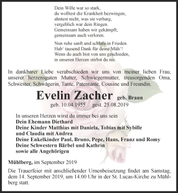 Traueranzeige von Evelin Zacher von Ostthüringer Zeitung, Thüringische Landeszeitung