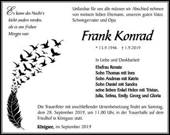 Traueranzeige von Frank Konrad von Ostthüringer Zeitung