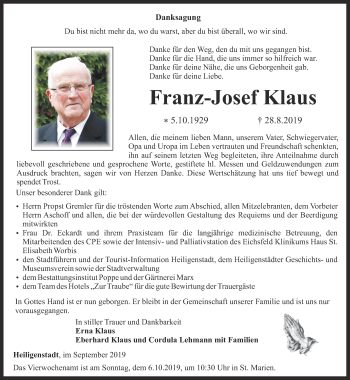 Traueranzeige von Franz-Josef Klaus von Thüringer Allgemeine