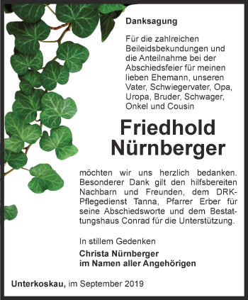 Traueranzeige von Friedhold Nürnberger von Ostthüringer Zeitung