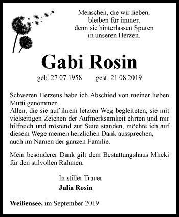 Traueranzeige von Gabi Rosin von Thüringer Allgemeine