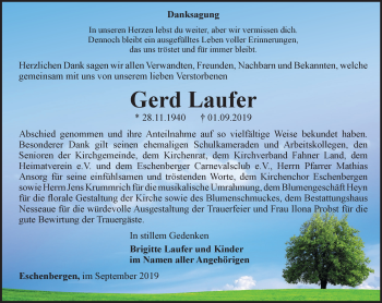 Traueranzeige von Gerd Laufer von Ostthüringer Zeitung, Thüringische Landeszeitung