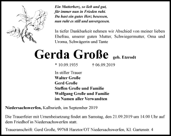 Traueranzeige von Gerda Große von Thüringer Allgemeine