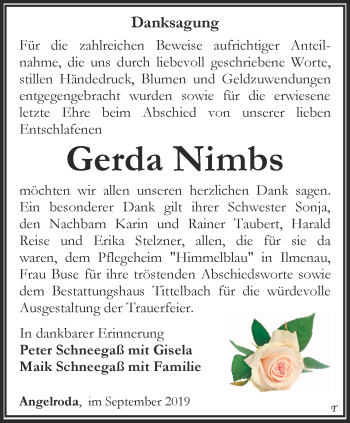 Traueranzeige von Gerda Nimbs von Thüringer Allgemeine