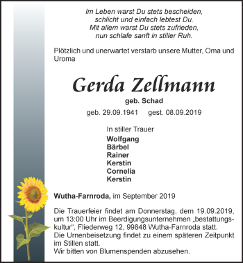 Traueranzeige von Gerda Zellmann von Thüringer Allgemeine, Thüringische Landeszeitung