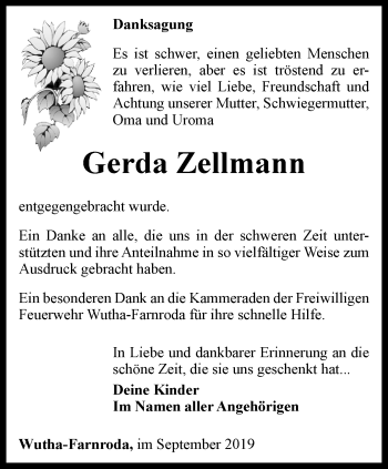 Traueranzeige von Gerda Zellmann von Thüringer Allgemeine, Thüringische Landeszeitung