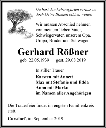 Traueranzeige von Gerhard Rößner von Ostthüringer Zeitung