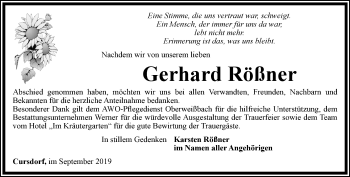 Traueranzeige von Gerhard Rößner von Ostthüringer Zeitung