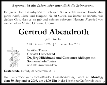 Traueranzeige von Gertrud Abendroth von Thüringer Allgemeine