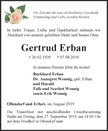 Traueranzeige von Gertrud Erban von Thüringer Allgemeine, Thüringische Landeszeitung