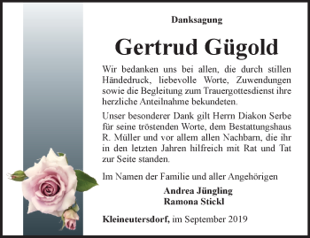 Traueranzeige von Gertrud Gügold von Ostthüringer Zeitung, Thüringische Landeszeitung