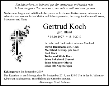 Traueranzeige von Gertrud Koch von Thüringer Allgemeine
