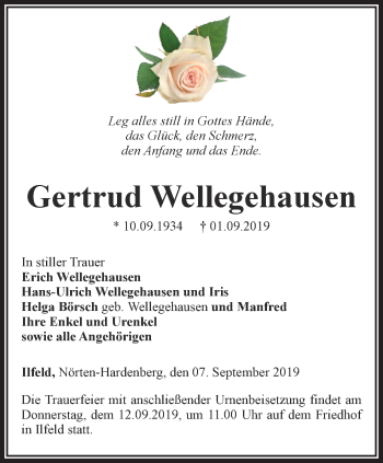 Traueranzeige von Gertrud Wellegehausen von Thüringer Allgemeine