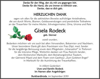 Traueranzeige von Gisela Rodeck von Thüringer Allgemeine, Thüringische Landeszeitung