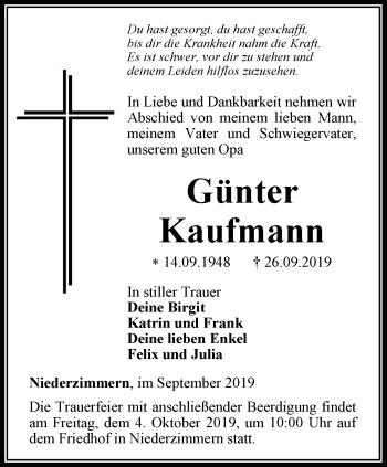 Traueranzeige von Günter Kaufmann von Thüringer Allgemeine, Thüringische Landeszeitung