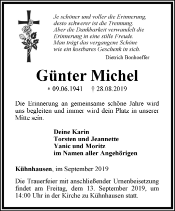 Traueranzeige von Günter Michel von Thüringer Allgemeine, Thüringische Landeszeitung