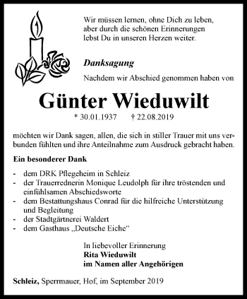 Traueranzeige von Günter Wieduwilt von Ostthüringer Zeitung